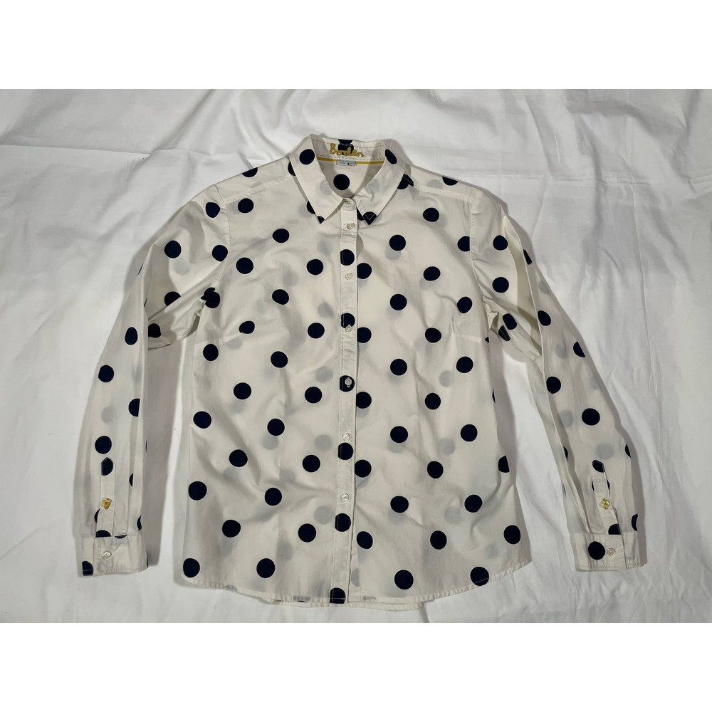 BODEN Modern Classic Shirt UK 8R Ivory Navy Polka Dot Spot